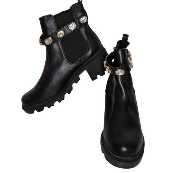 Mata Faux Leather Jeweled Embellished Pull On Chunky Heel Ankle Boot Sz 11 NWOB - Picture 1 of 5